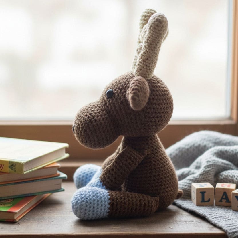 Crocheted animal toy on a wooden surface with books and alphabet blocks in the background