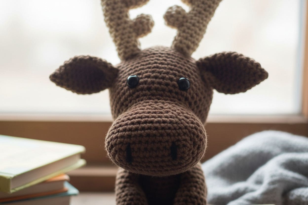 Crocheted moose toy on a surface with books and fabric in the background