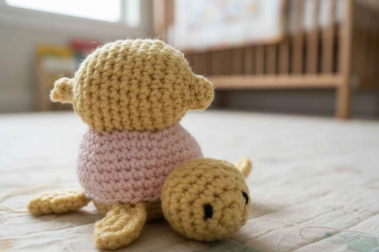 Crocheted toy on a crib in a nursery