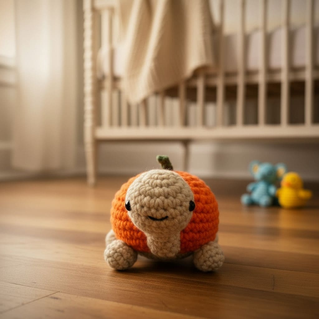 Crocheted pumpkin toy on a wooden floor with a blurred background