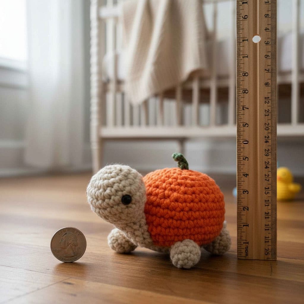 Crocheted turtle with pumpkin shell next to a coin and ruler on a wooden floor.