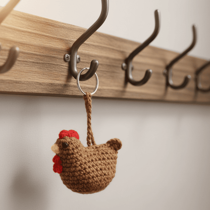 Crocheted rooster keychain hanging on a wooden hook rack.