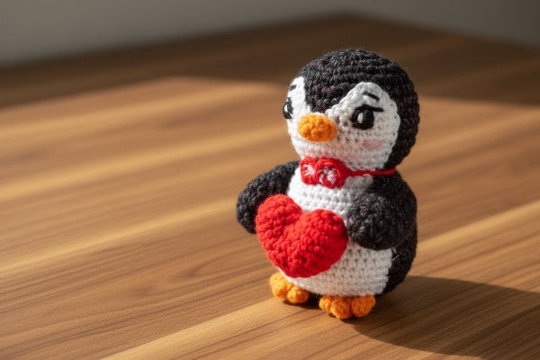 Crocheted penguin toy holding a red heart on a wooden surface