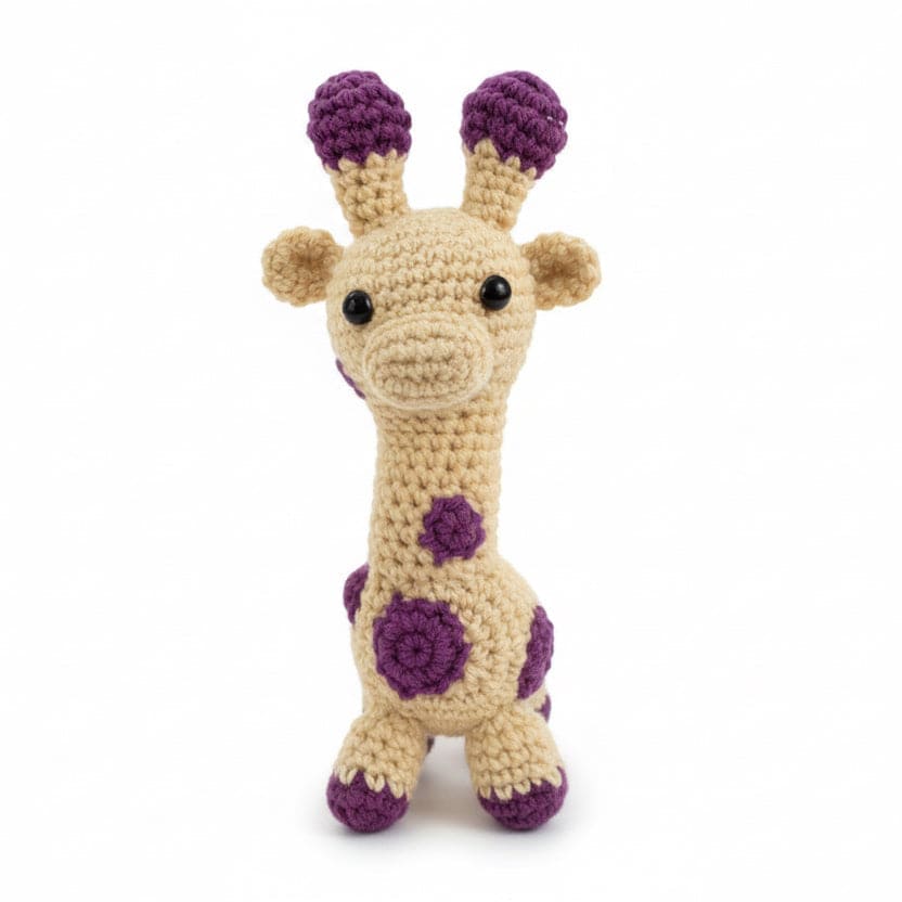 Crocheted giraffe toy on a crib with baby blocks and a pacifier.