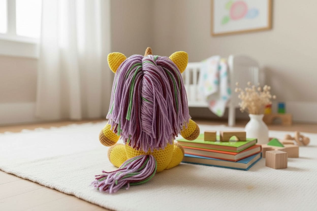 Colorful crochet toy in a child's room with books and blocks on the floor.
