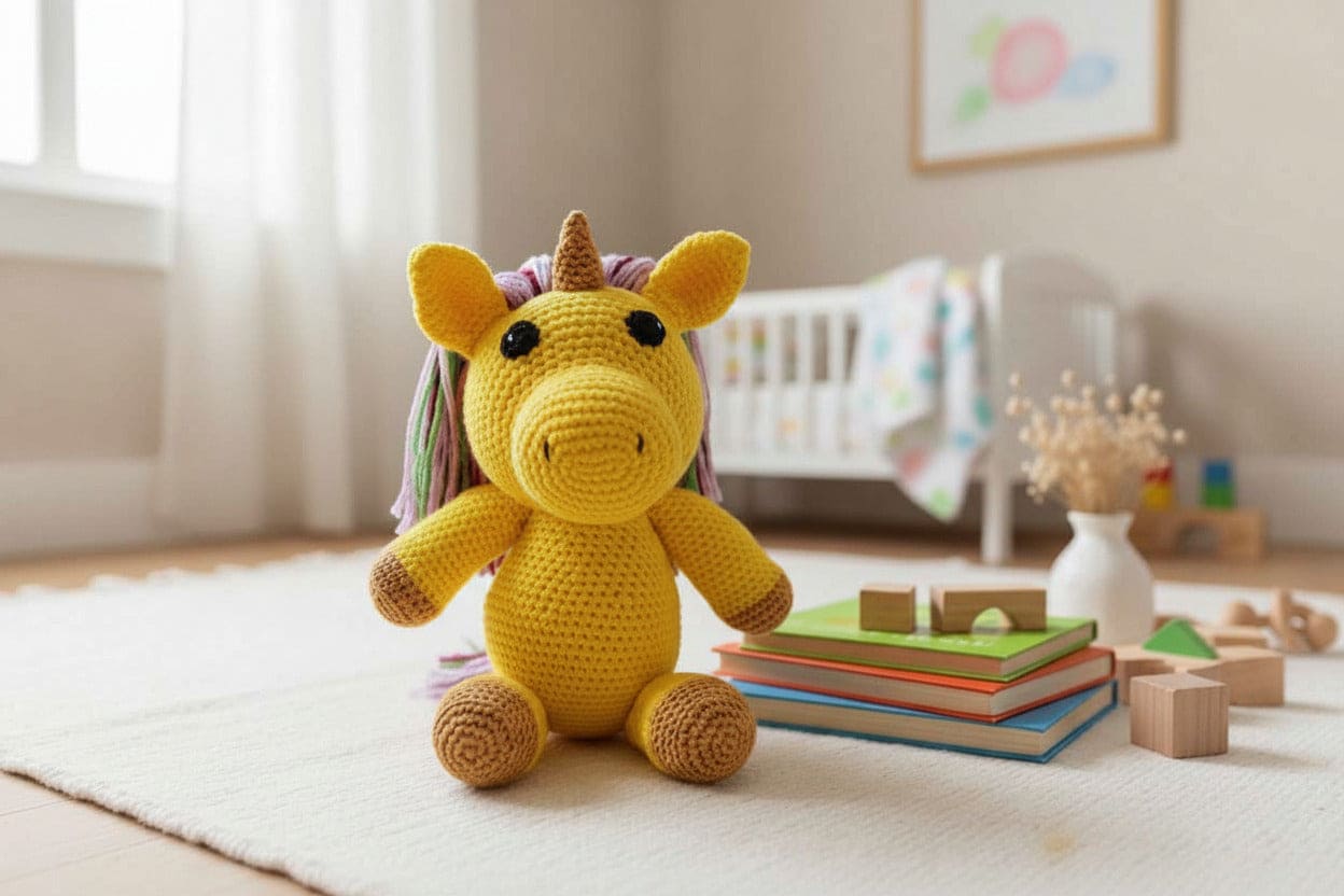 Yellow stuffed animal toy next to a ruler and books in a child's room