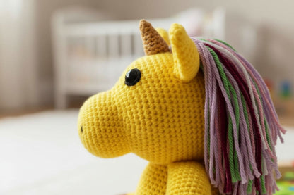 Yellow crochet unicorn with a brown horn and multicolored mane on a blurred background