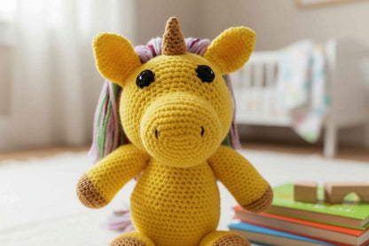 Yellow crochet unicorn toy on a surface with books in the background