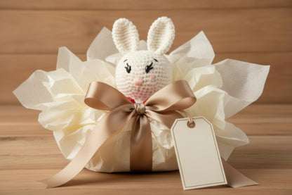 Crocheted rabbit toy with a bow and tag on a wooden surface