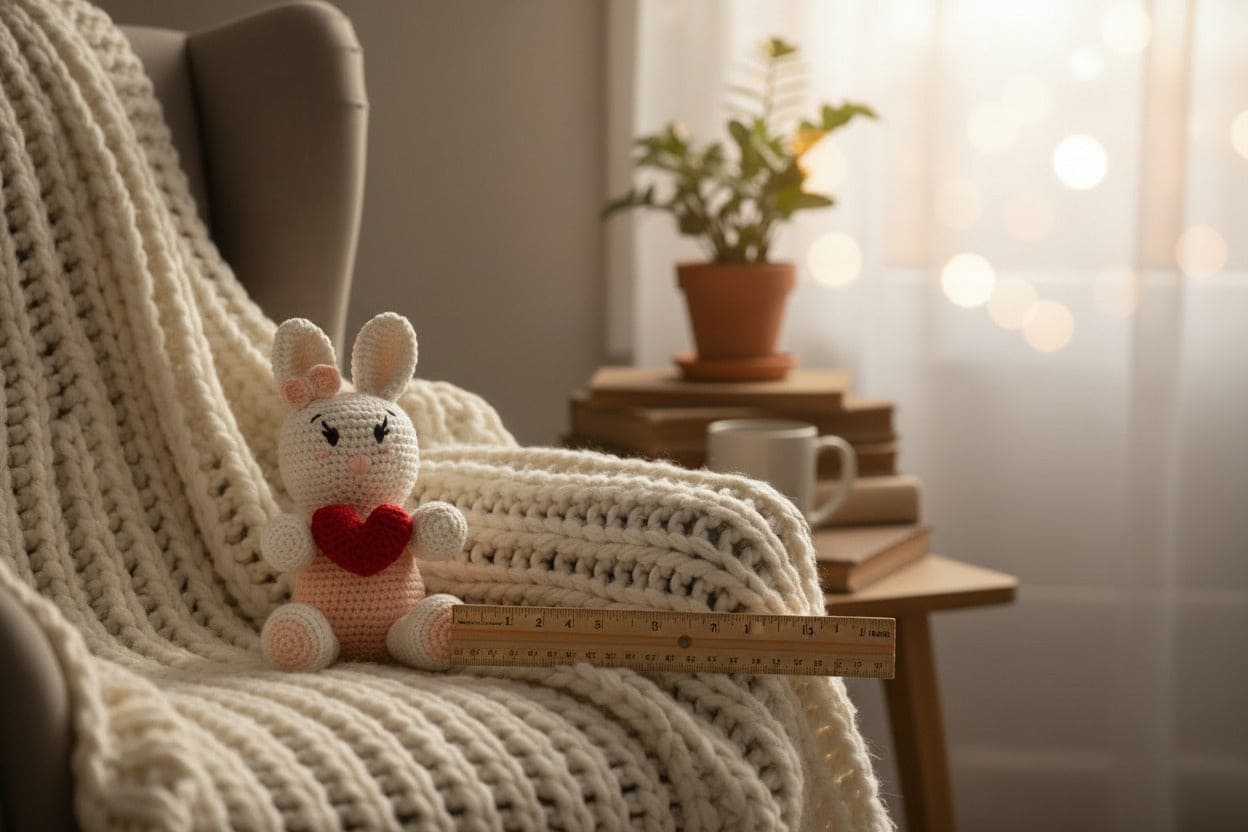 Cute plush bunny with a heart on a cozy blanket in a warm, softly lit room.
