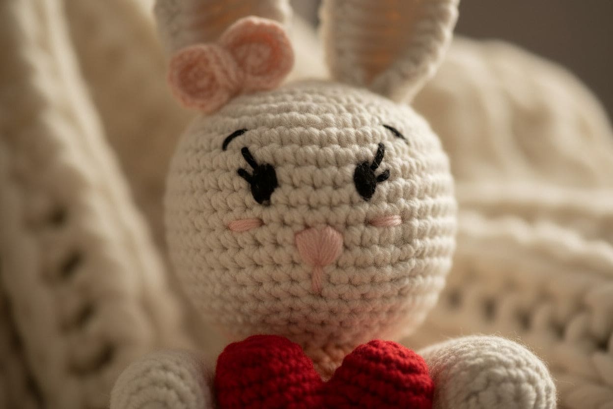 Crocheted bunny toy with a red heart and pink flowers on a soft, blurred background