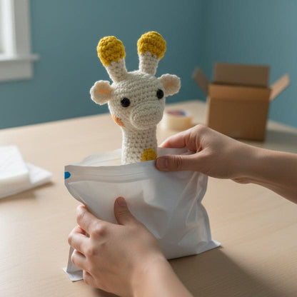 Crocheted giraffe toy on a crib with blocks and a pacifier