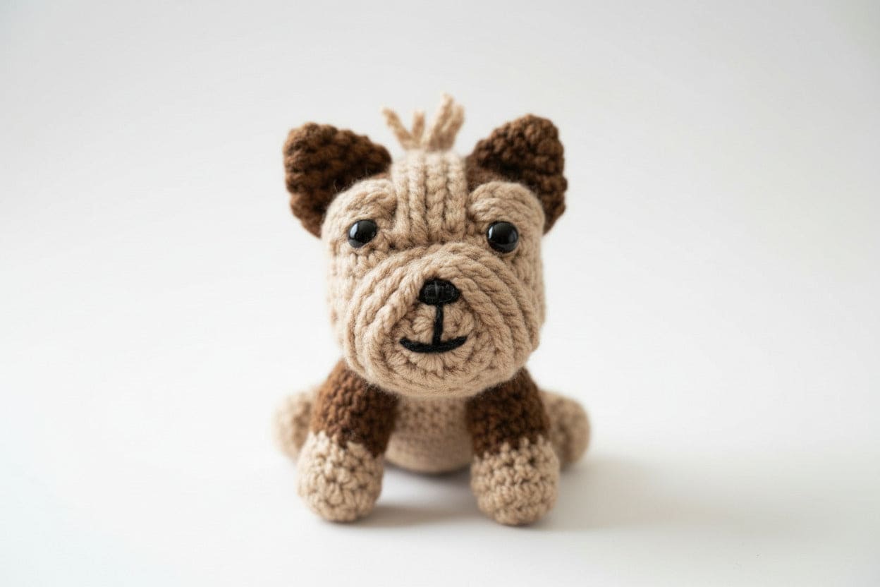 Crocheted brown dog on a white background