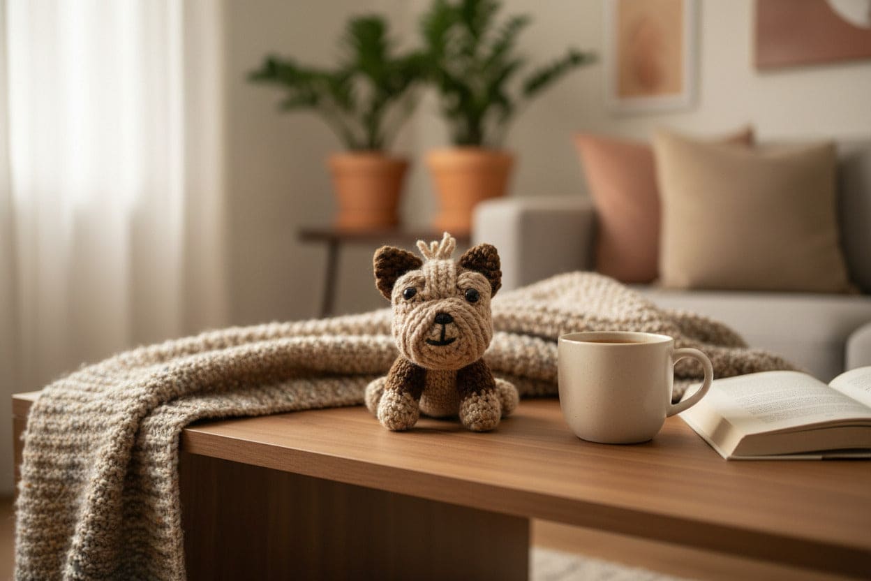 Small dog plush toy on a wooden table with a cup and book in a cozy living room.