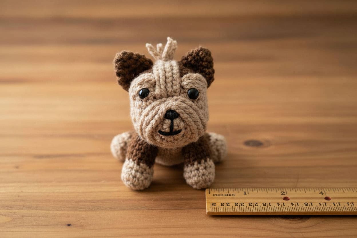 Crocheted dog next to a ruler on a wooden surface