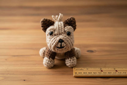 Crocheted dog next to a ruler on a wooden surface