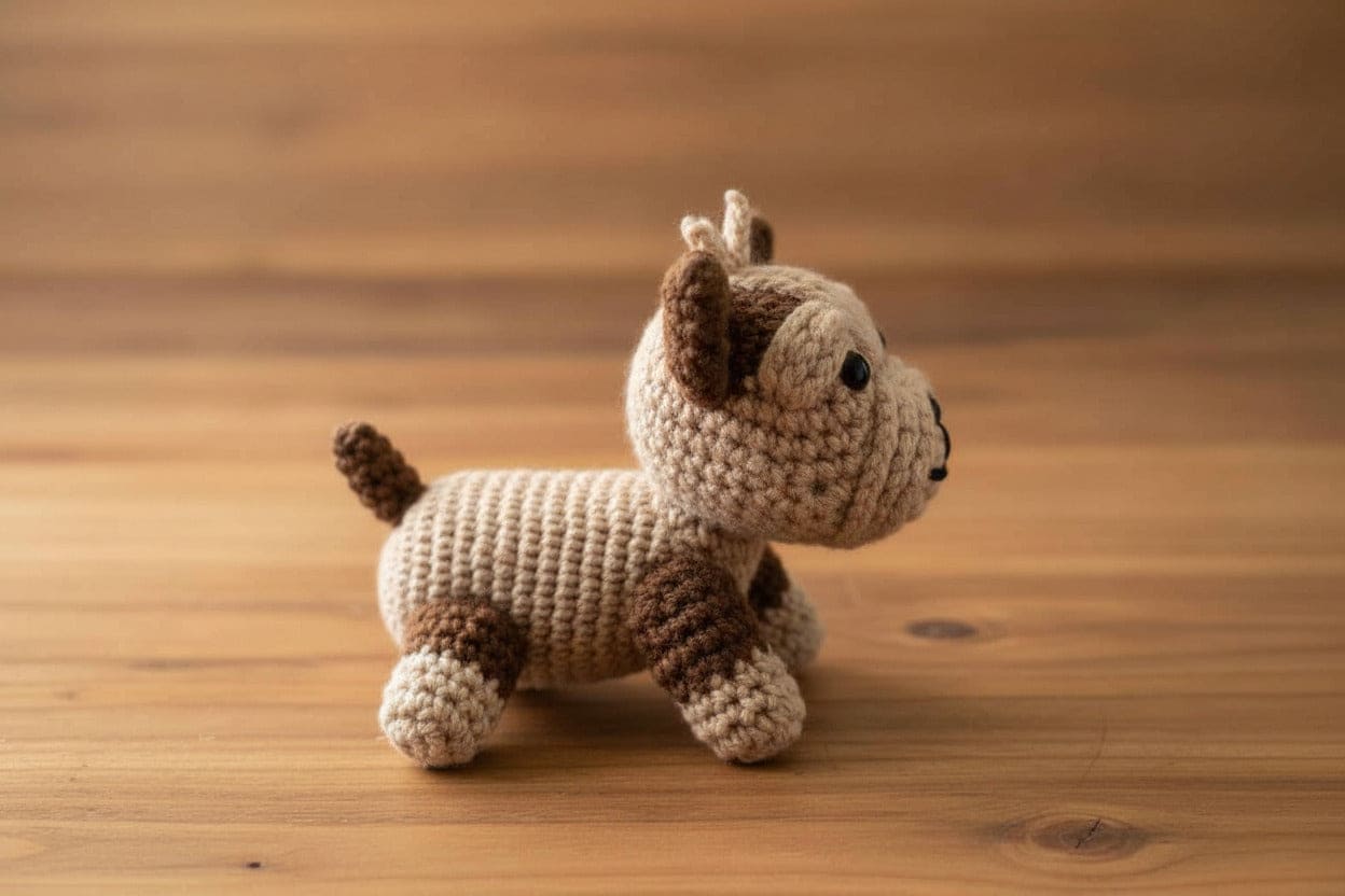 Crocheted dog on a wooden surface