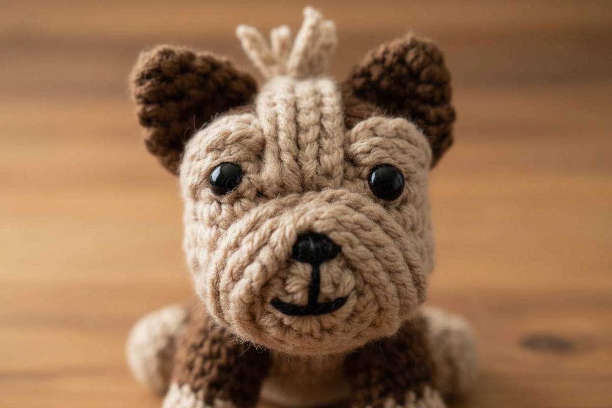 Crochet dog with brown ears and black eyes on a wooden surface
